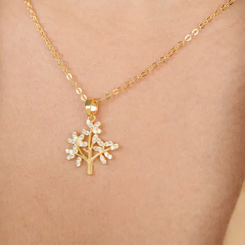 Colar com Pingente de Flor e Pontos de Zircônia Banhado a Ouro 18k