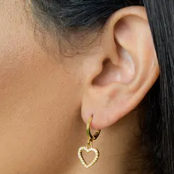 Brinco Argola Articulada com Pingente Coração Cravejado  Banhado a Ouro 18 k