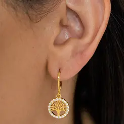 Brinco Argola Articulada com Pingente Árvore da Vida Cravejado Banhado a Ouro 18 k