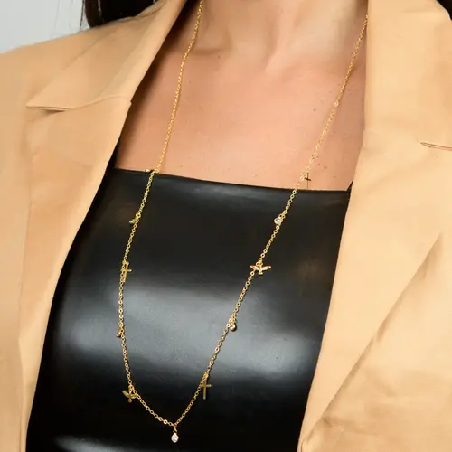Colar Longo com Pingentes de Cristais, Cruz e Divino Banhado a Ouro 18K