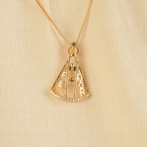 Colar Nossa Senhora com Palavras de Fé e Amor Banhado a Ouro 18k