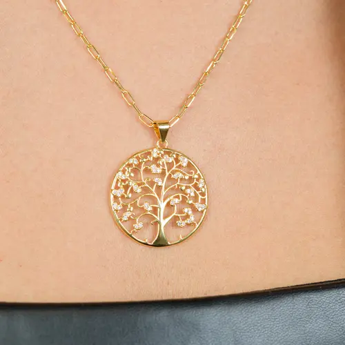 Colar Círculo Árvore da Vida Banhado a Ouro 18k com Zircônias