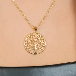 Colar Círculo Árvore da Vida Banhado a Ouro 18k com Zircônias