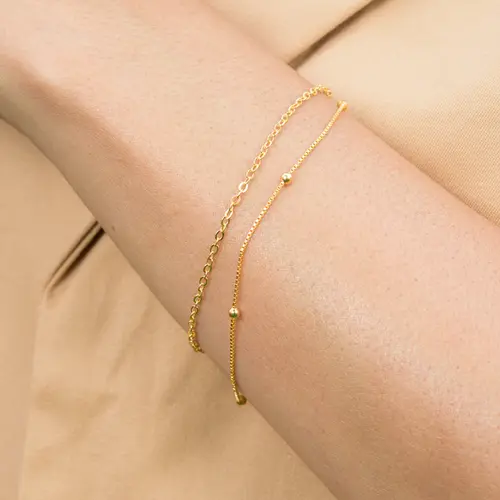 Pulseira Corrente Dupla Cadeado e Bolinhas Banhada a Ouro 18k