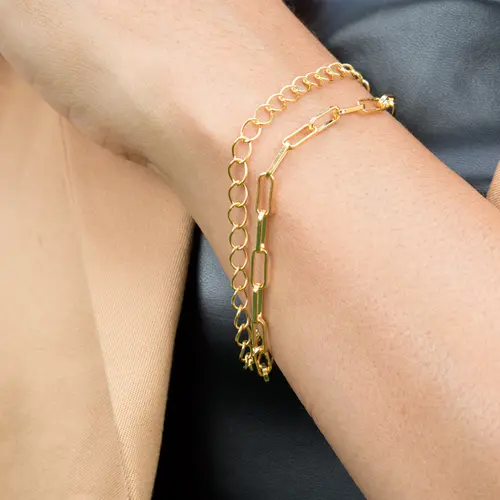 Pulseira Corrente Dupla com Elos Diferenciados Banhada a Ouro 18k