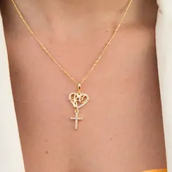 Colar Coração Fé com Pingente de Cruz Cravejada e Corrente de Bolinhas Banhado a Ouro 18K