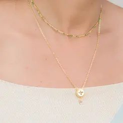 Colar Duplo Riviera Colorida com Pingentes Divino e Cruz Banhado a Ouro 18K