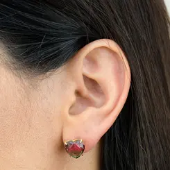 Brinco Coração em Pedra Cristal Rosa ou Azul Banhado a Ouro 18K