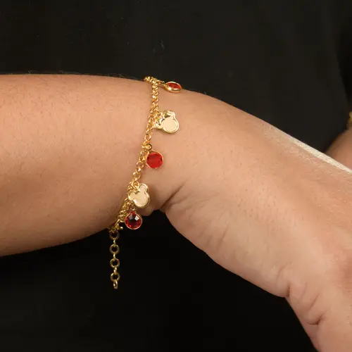 Pulseira Minnie e Cristais Vermelhos Tal Mãe  Banhado a Ouro 18 k