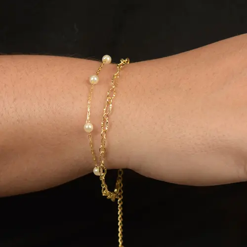 Pulseira Dupla Pérolas Delicadas Banhado a Ouro 18 k