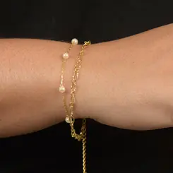 Pulseira Dupla Pérolas Delicadas Banhado a Ouro 18 k