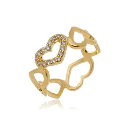 Anel Corações Invertidos Cravejados com Zircônias  Banhado a Ouro 18k