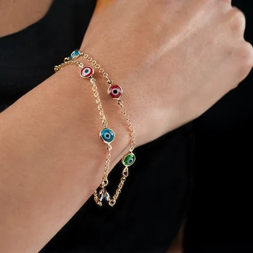 Pulseira Corrente Dupla com Olho Grego Colorido Banhada a Ouro 18k