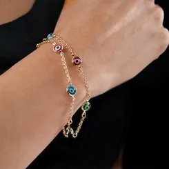 Pulseira Corrente Dupla com Olho Grego Colorido Banhada a Ouro 18k