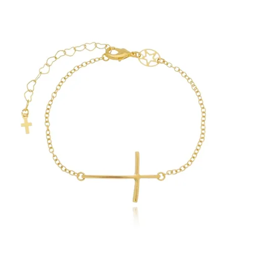 Pulseira Crucifixo Liso Horizontal Banhada a Ouro 18 k