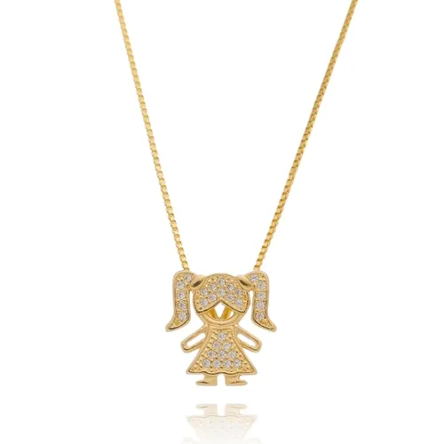 Colar Pingente Criança Cravejado com Zircônias Banhado a Ouro 18 k