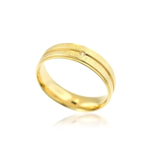 Aliança Fosqueada Banhada a Ouro 18k com Detalhes Elegantes e Zircônia Central