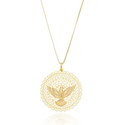 Colar Círculo Grande Vazado com Detalhes Divino em Alto Relevo Banhado a Ouro 18k