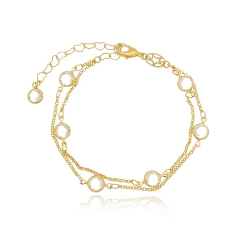 Pulseira Corrente Dupla com Cristais Intercalados Banhado a Ouro 18k