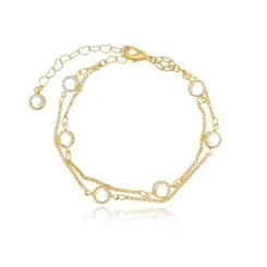 Pulseira Corrente Dupla com Cristais Intercalados Banhado a Ouro 18k