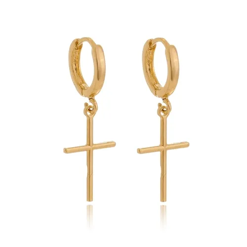 Argola Articulada com Pingente de Cruz Lisa  Banhada a Ouro 18K