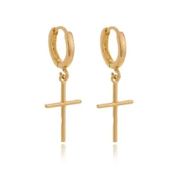 Argola Articulada com Pingente de Cruz Lisa  Banhada a Ouro 18K