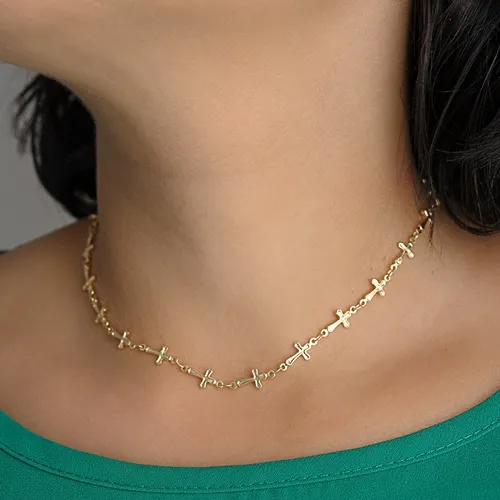 Colar Choker Cruzinhas Banhado a Ouro 18 k