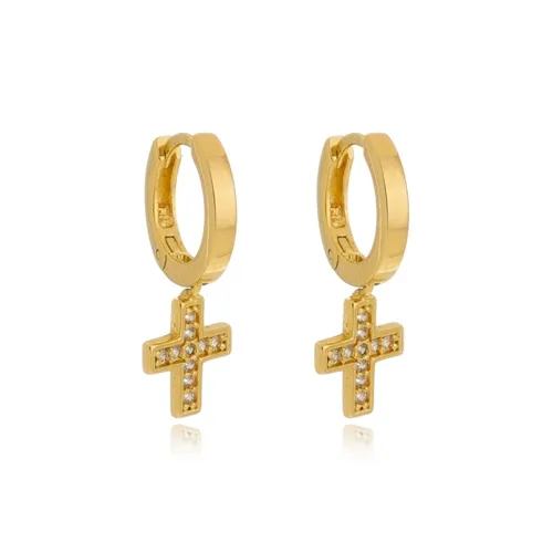 Brinco Argola com Pingente de Cruz Cravejada com Zircônias Banhada a Ouro 18 k