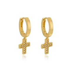 Brinco Argola com Pingente de Cruz Cravejada com Zircônias Banhada a Ouro 18 k