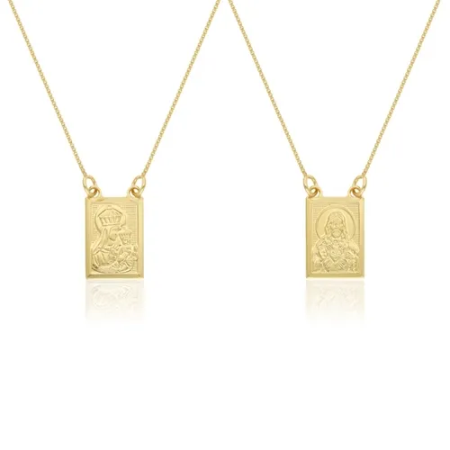Escapulário Unissex Nossa Senhora Nazaré e Sagrado Coração de Jesus Banhado a Ouro 18 k