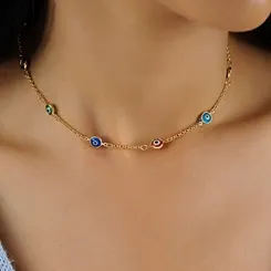 Colar Choker Olho Grego Colorido Banhado a Ouro 18 k