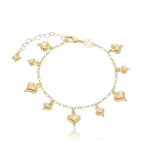Pulseira Corrente Elo Coração Pingentes de Corações 3D Banhada a Ouro 18k
