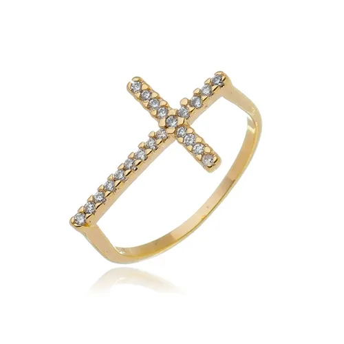 Anel Aro Liso Reto Cruz Zircônias Banhado a Ouro 18 k