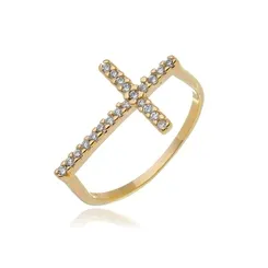Anel Aro Liso Reto Cruz Zircônias Banhado a Ouro 18 k